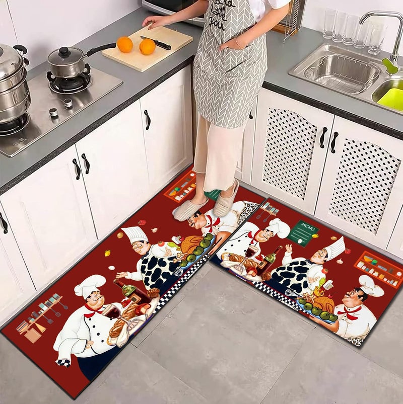 UYDOXCU 2 Piece Fat Chef Kitchen Rug Set, Red Modern Rustic Vintage Decor Kitchen Floor Mat, Non-Slip Absorbent and Washable Home Decoration Carpet 17 * 30+17 * 47 Inches - Image 4